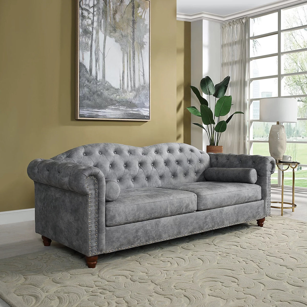 84" Chesterfield Fabric Upholstered Sofa with 2 Pillows G623606