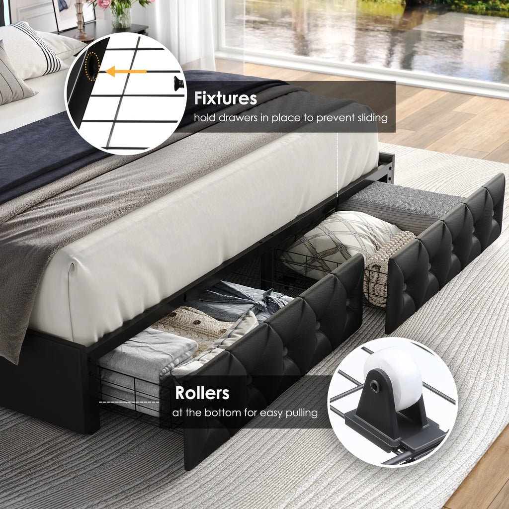 Queen LED Platform Bed Frame with 4 Storage Drawers Q190731