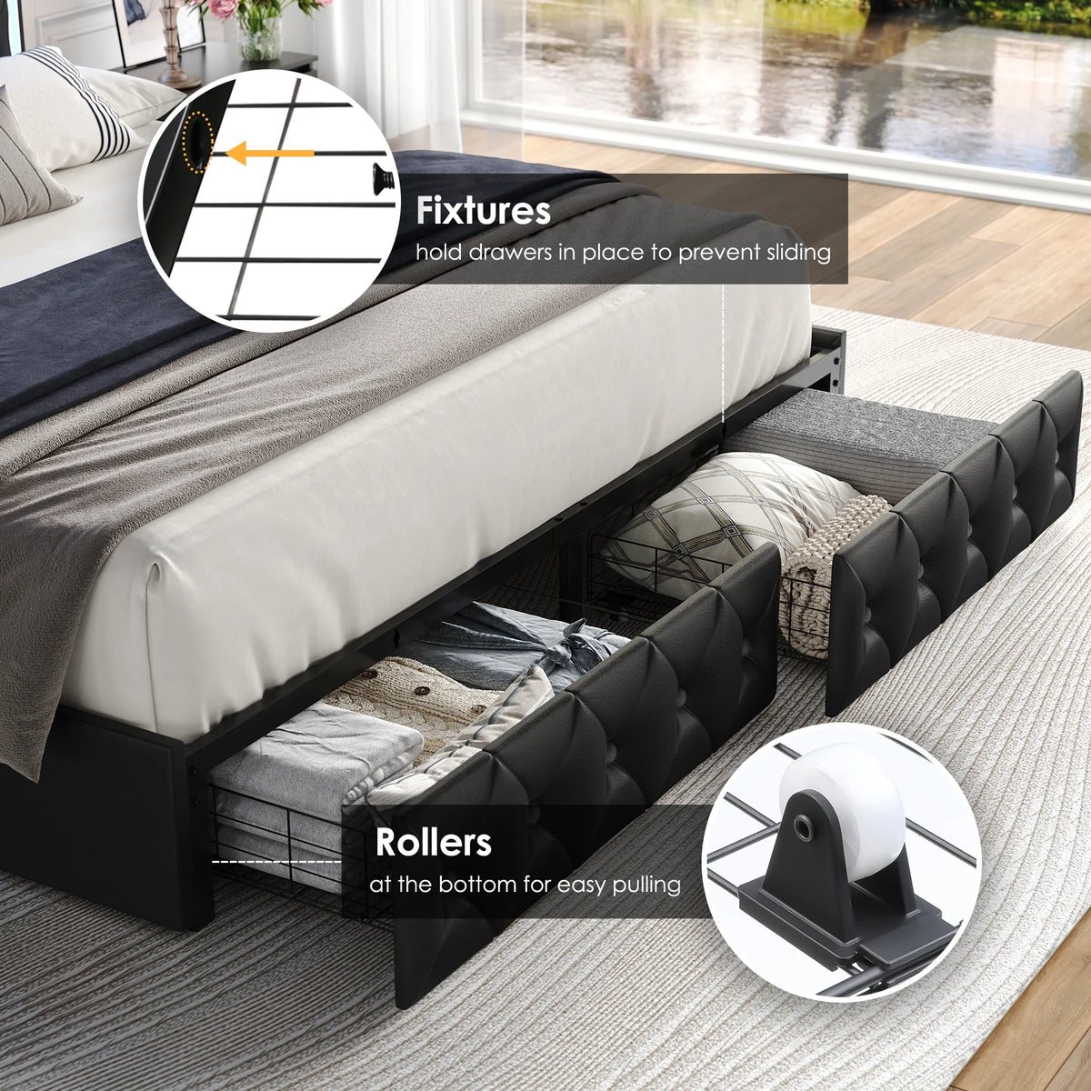 Queen LED Platform Bed Frame with 4 Storage Drawers Q190731