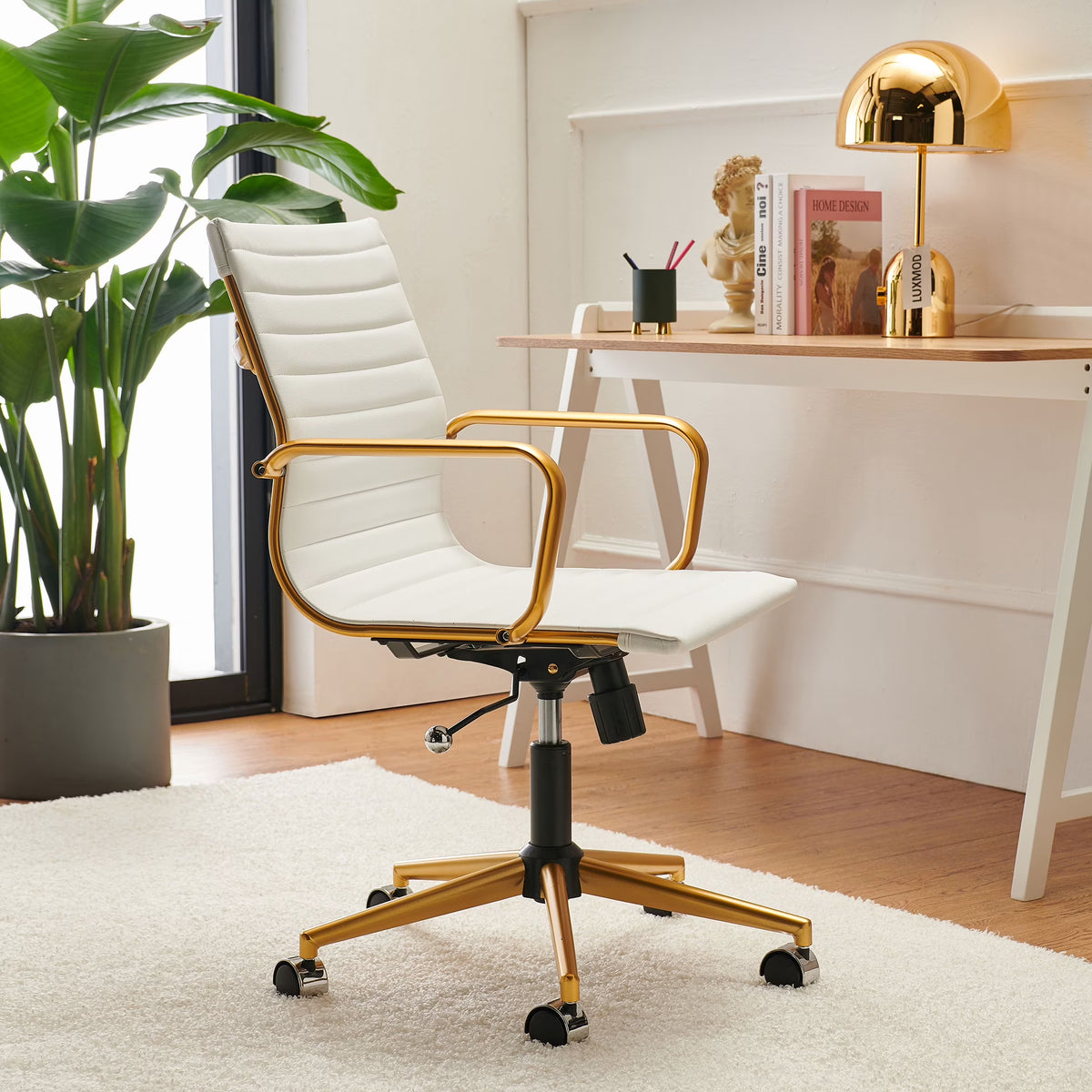 White Leather Adjustable Swivel Office Chair A3428