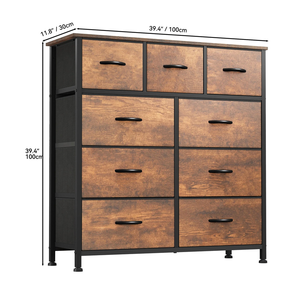 Rustic Wood-grain 9-drawer Dresser with Metal Frame B74810