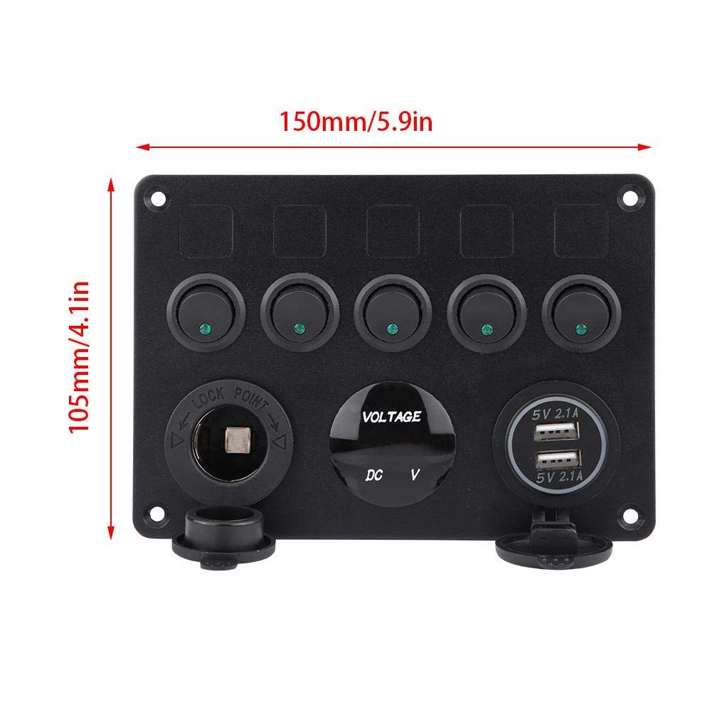 5 Gang Rocker Switch Panel 12-24V On/Off Dual USB Charger Port Digital Voltmeter Display Green LED Pack of 2 K2642