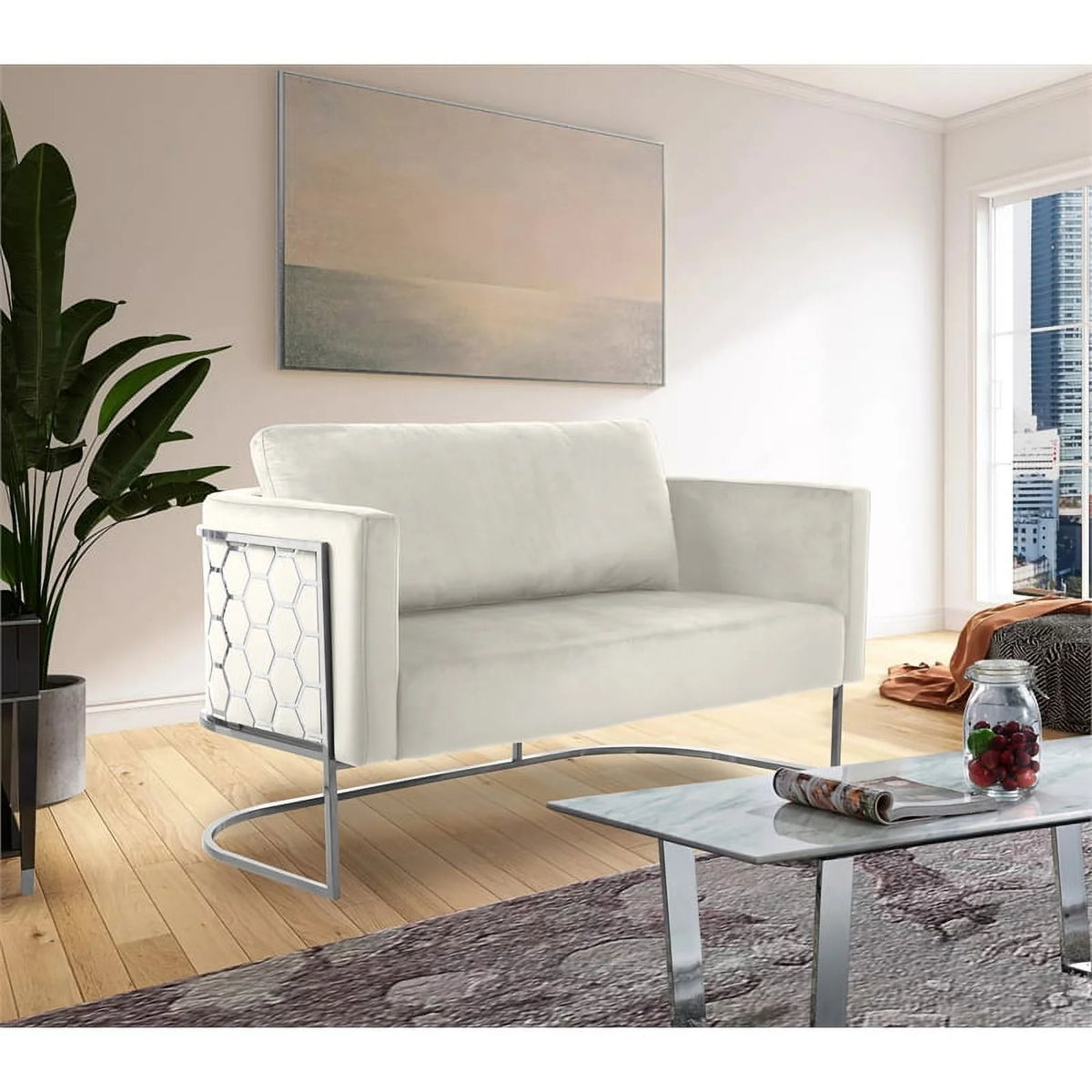 Cream Velvet Upholstered Loveseat I10003