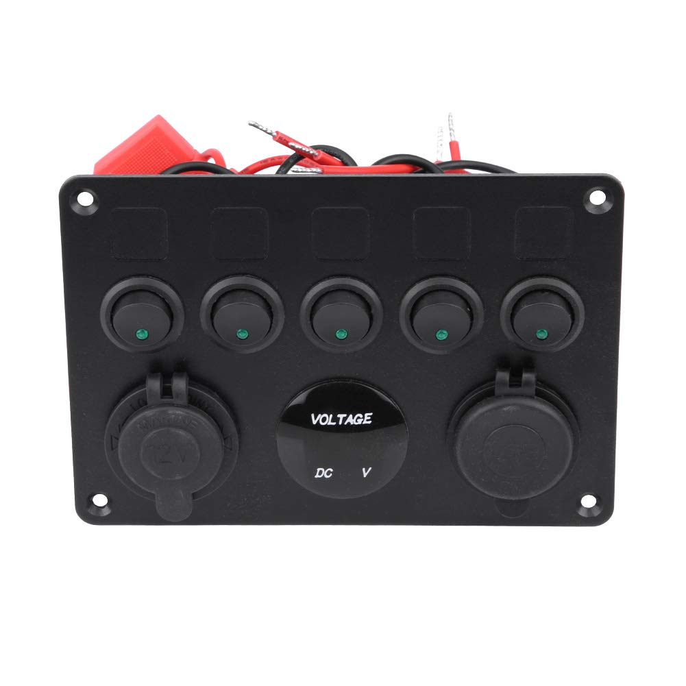 5 Gang Rocker Switch Panel 12-24V On/Off Dual USB Charger Port Digital Voltmeter Display Green LED Pack of 2 K2642