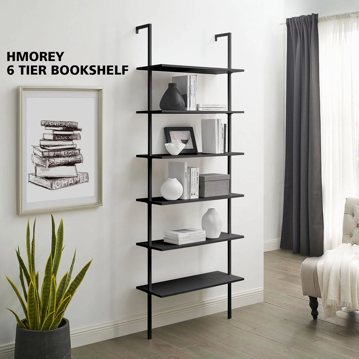 White 6-shelf Wood Wall-Mounted Bookshelf G954
