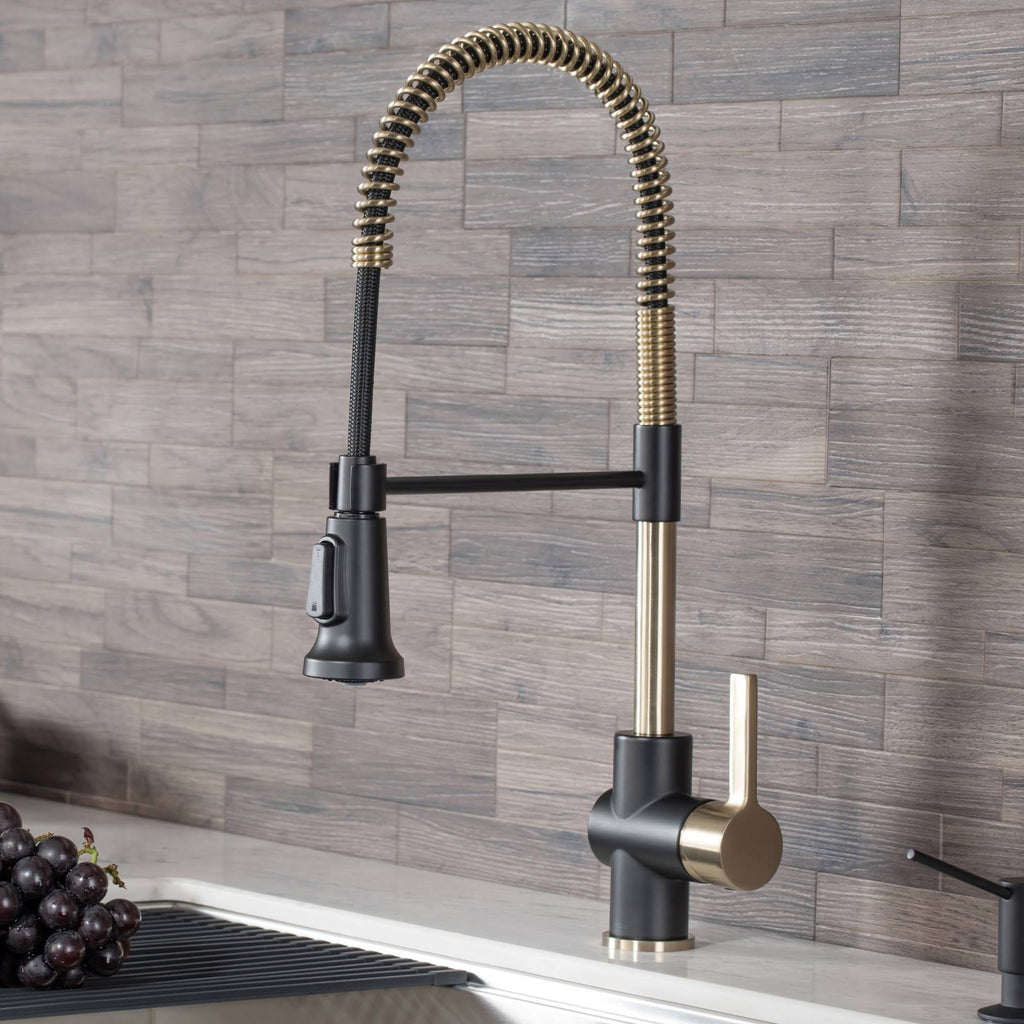 Brushed Gold & Matte Black Commercial Kitchen Faucet with Dual Function Sprayhead O4272