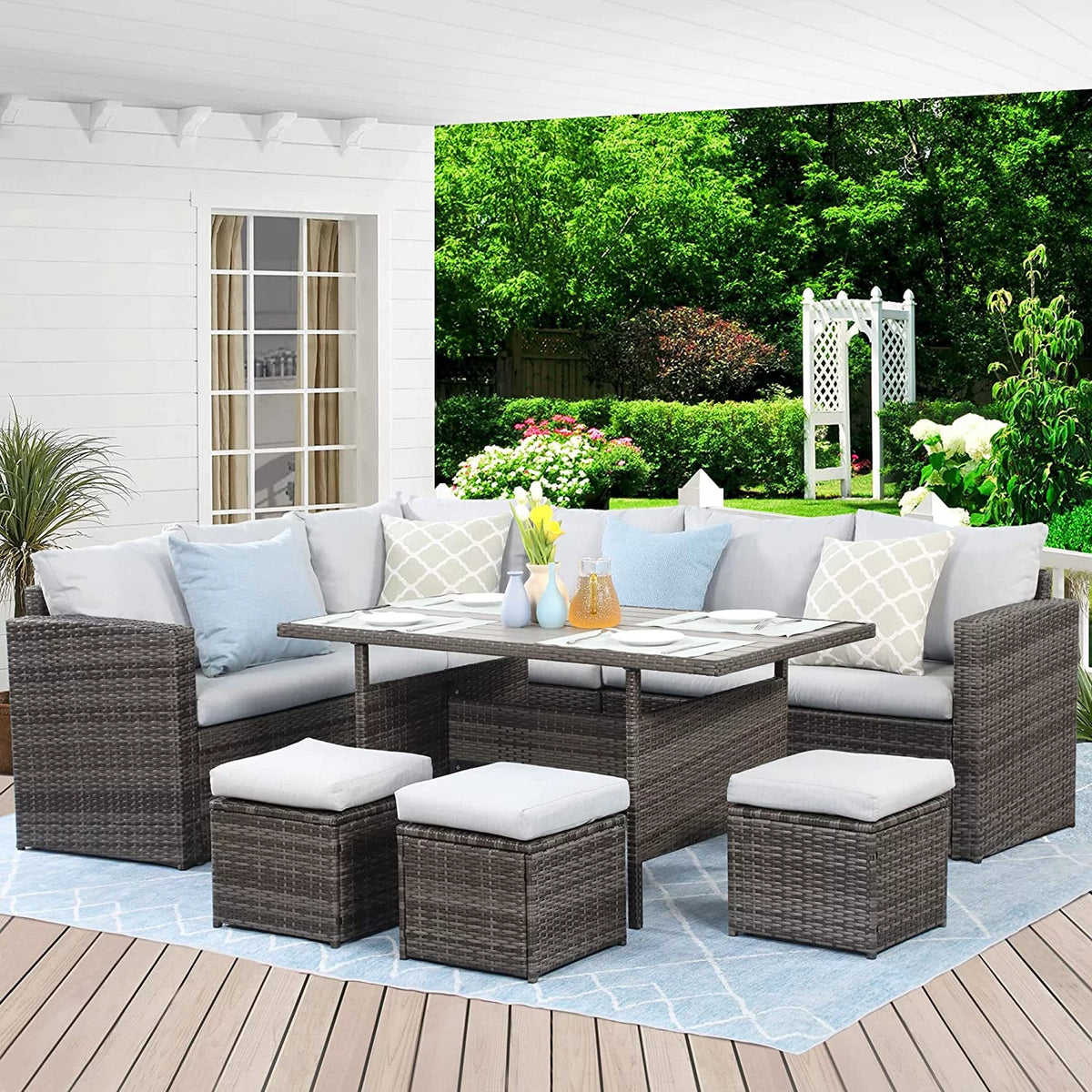 7 Piece All Weather Wicker Outdoor Sofa Set with Dining Table and Ottoman P796
