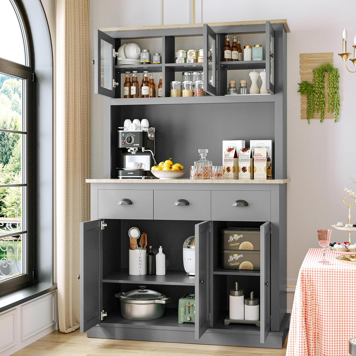 Grey Kitchen Hutch Storage Cabinet with Countertop and Drawers B221433