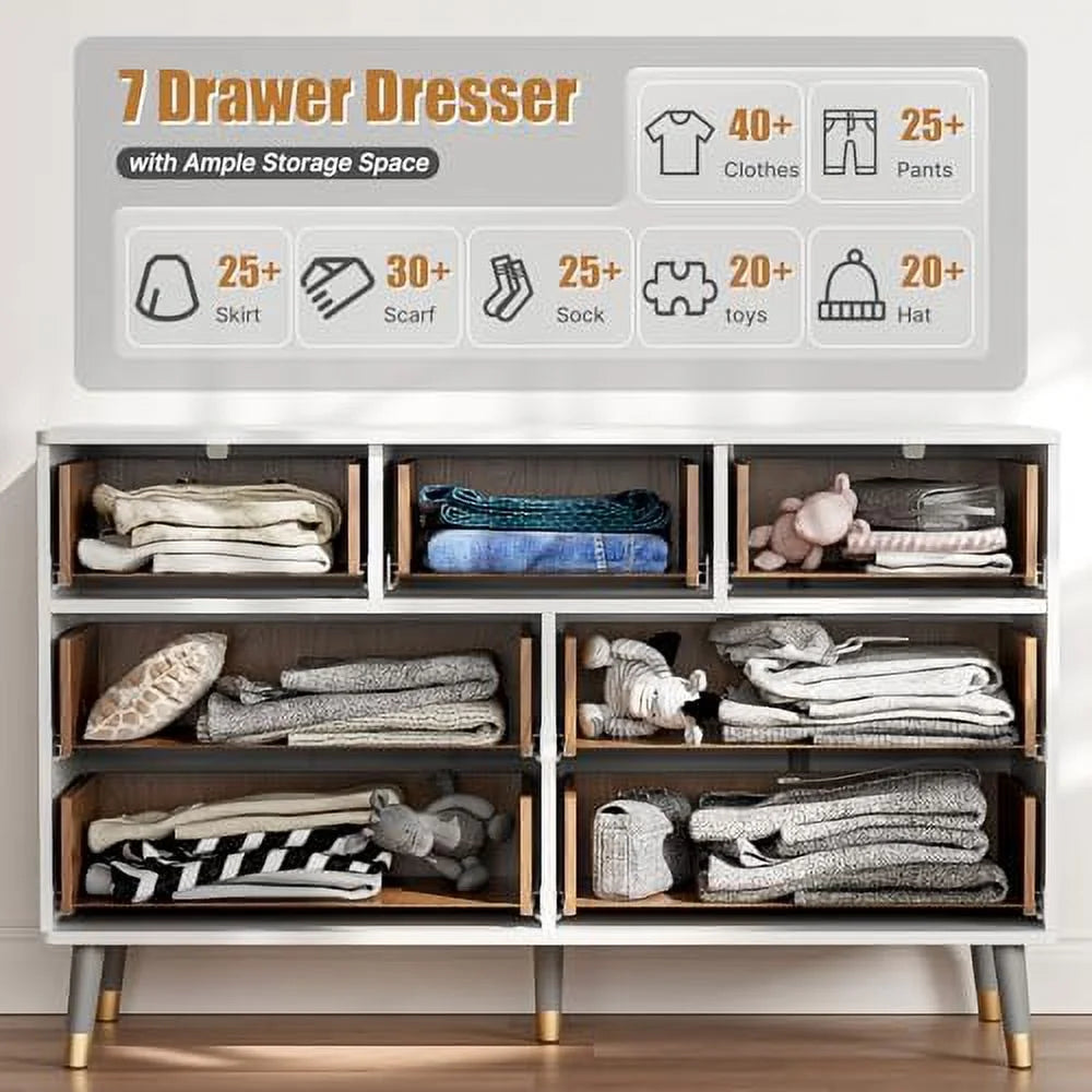 7 Drawer White Gold Wood Dresser C340
