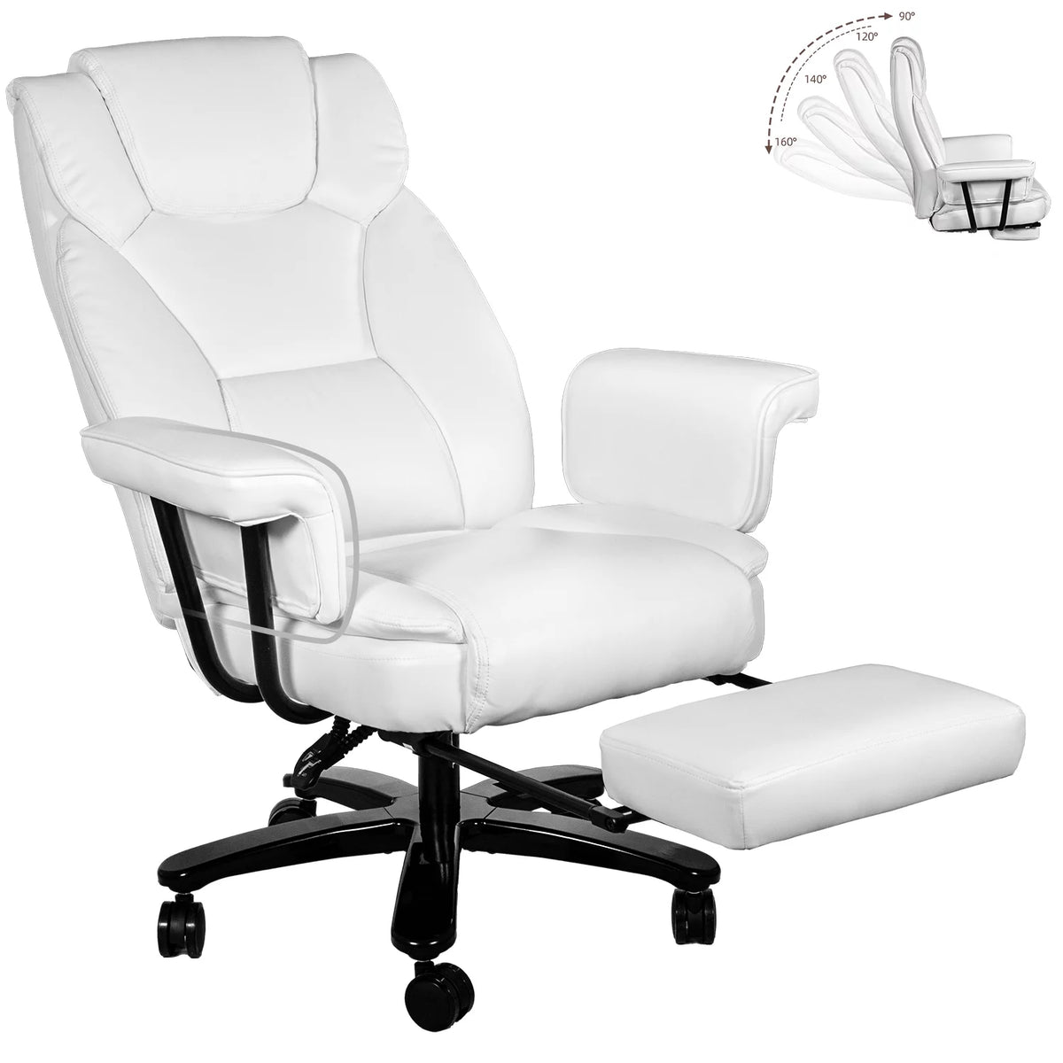 White Ergonomic PU Leather Reclining Office Chair with Footrest B4469