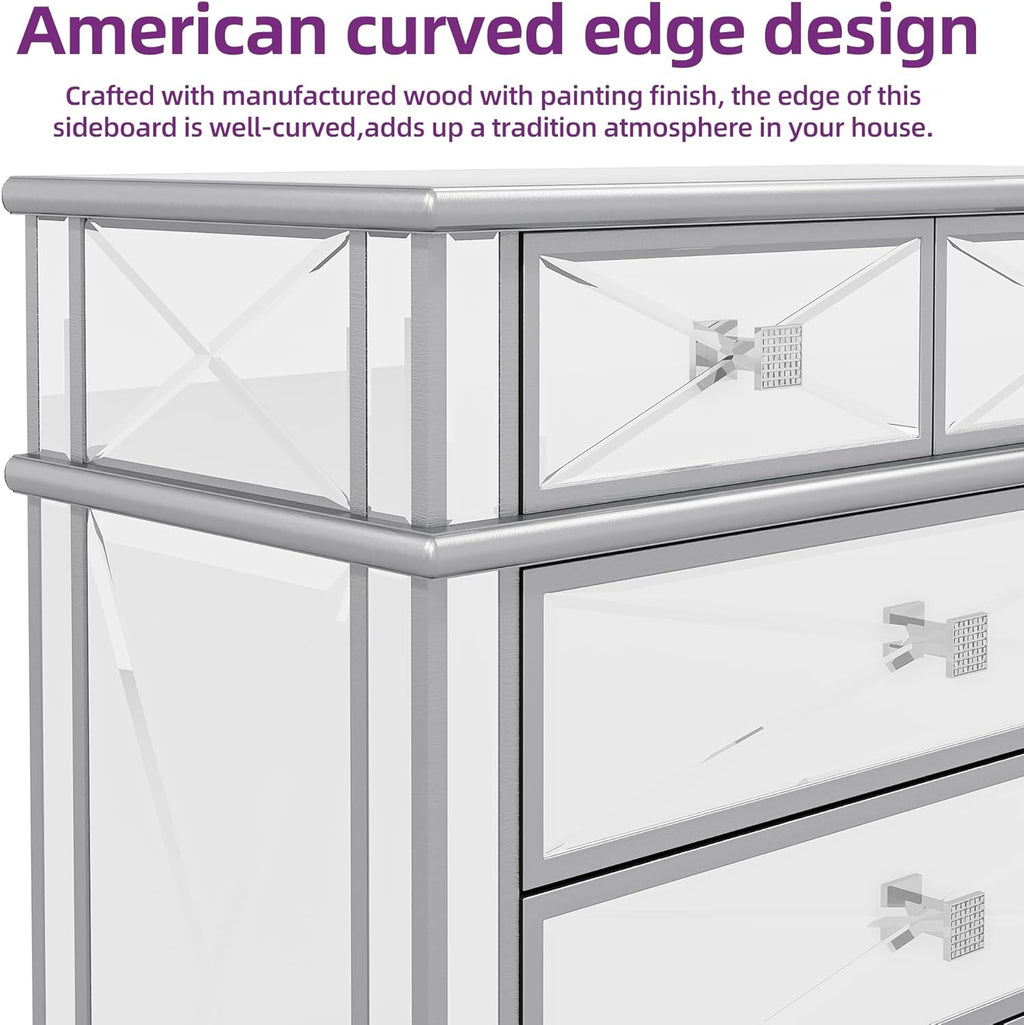 Silver Mirrored 5 Drawer Dresser with Wood Legs N8226