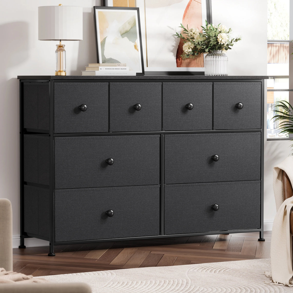 8 Drawer Fabric Dresser with Steel Frame and Wooden Top R1903