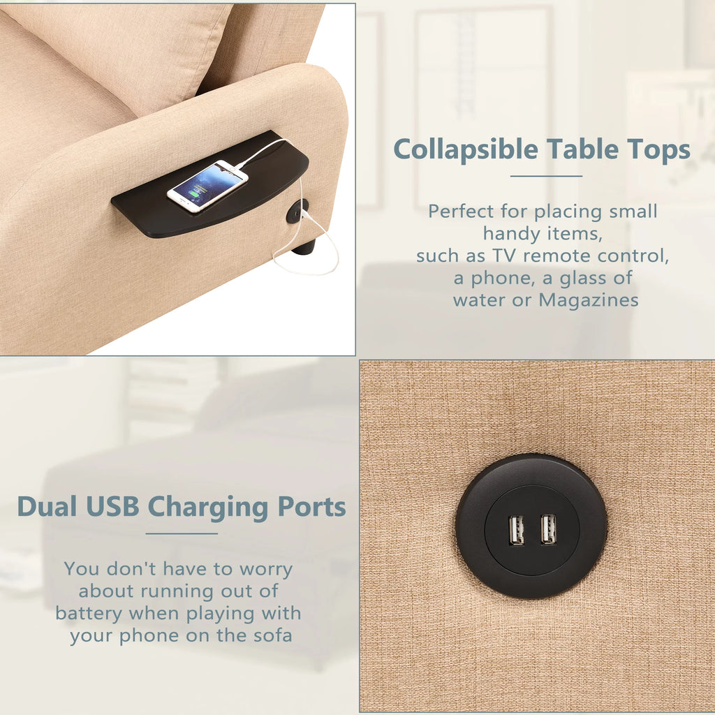 Beige 3 in 1 Pull Out Sofa Sleeper with 2 Wing Table and USB Charge F4617