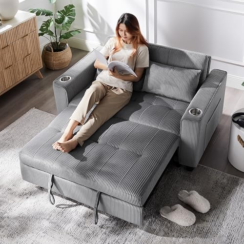 Light Grey Corduroy 3 in 1 Convertible Sleeper Sofa Bed S168