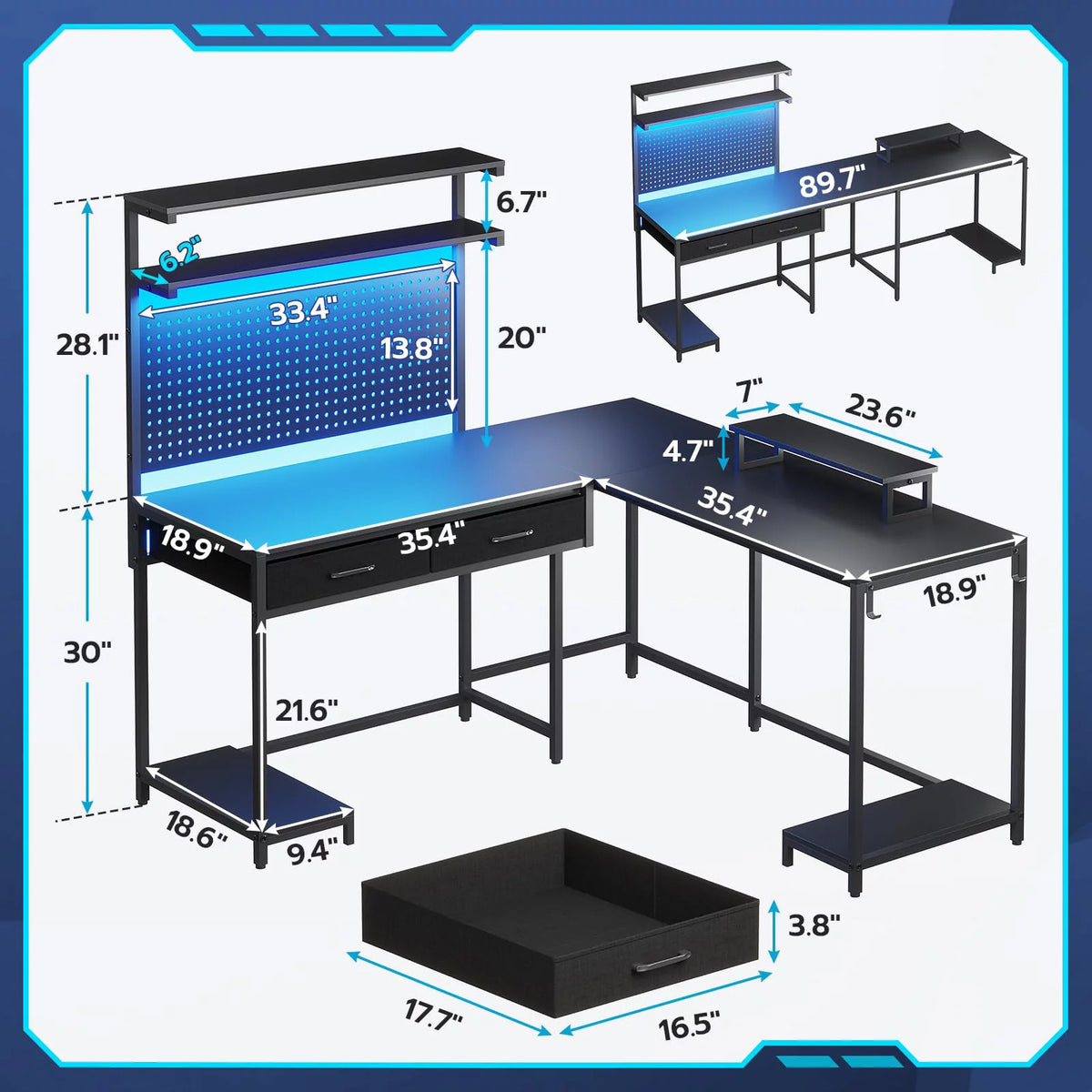 Black L Shaped Desk with LED Lights and Storage Shelves G476