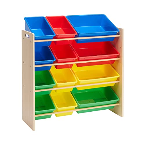 White Wood Kids Toy Storage Organizer with 12 Plastic Pink Bins H3470