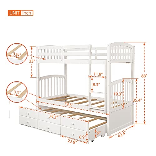 White Twin Bunk Bed with Ladder, Safety Rail and Trundle F39568