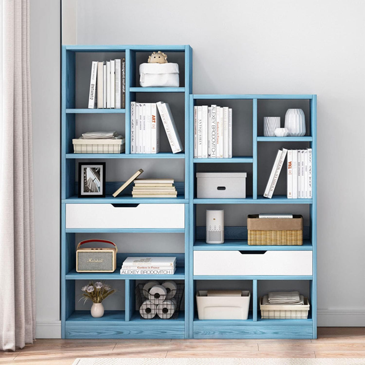 Bright Blue 8 Cubes Wooden Bookcase with Drawer J61506