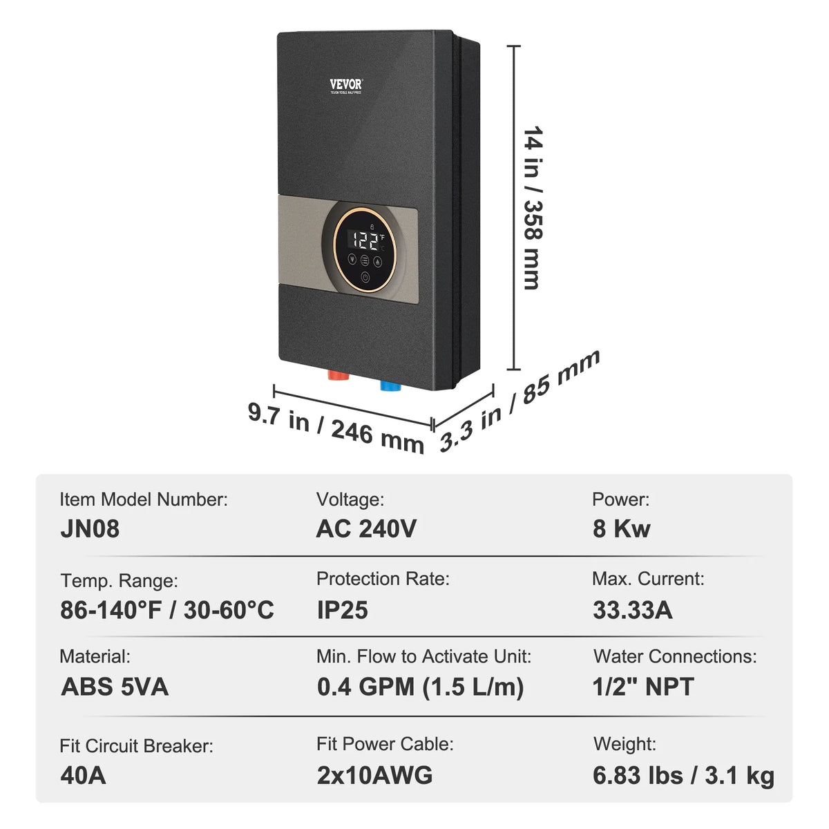 8KW Instant Hot Tankless Electric Water Heater T183