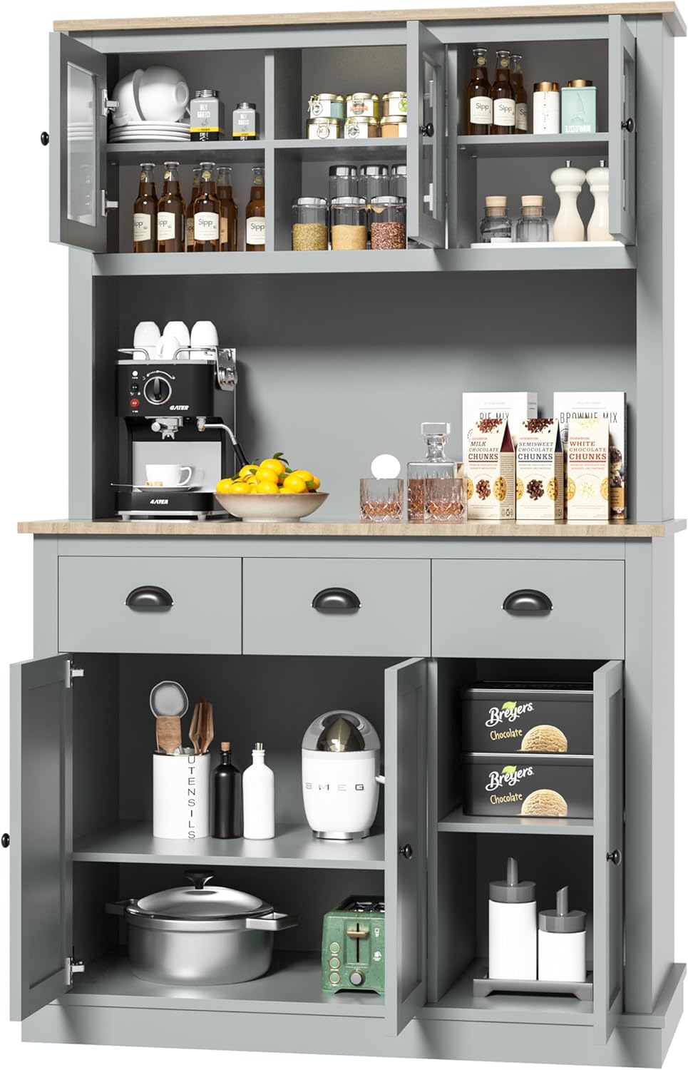 Grey Kitchen Hutch Storage Cabinet with Countertop and Drawers B221433