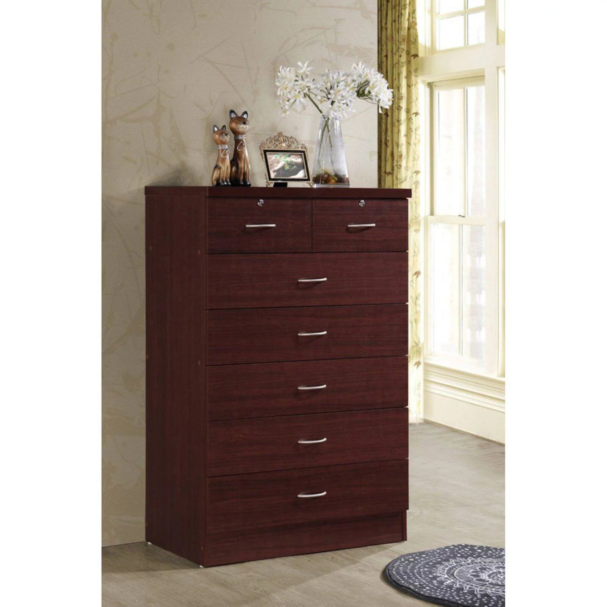 7 Drawer Wooden Dresser Chest with 2 Top Locks, Cherry P2044