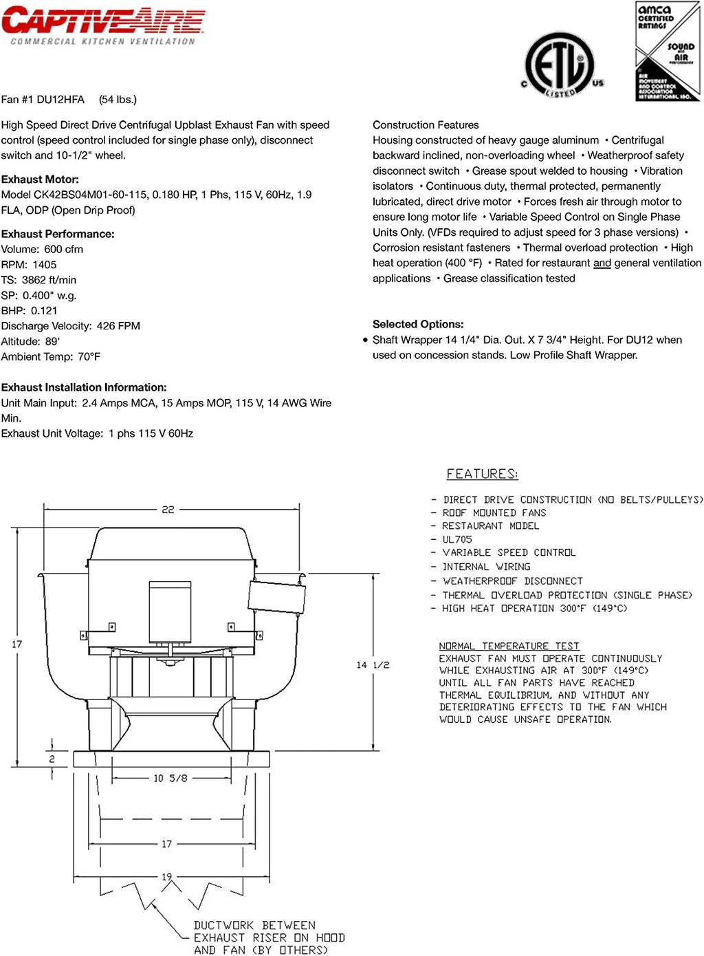 Food Truck Low Profile Exhaust Hood System with Fan and Duct Q430605