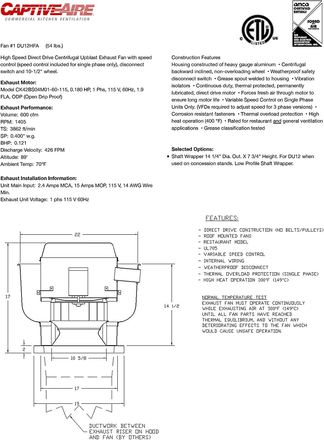 Food Truck Low Profile Exhaust Hood System with Fan and Duct Q430605