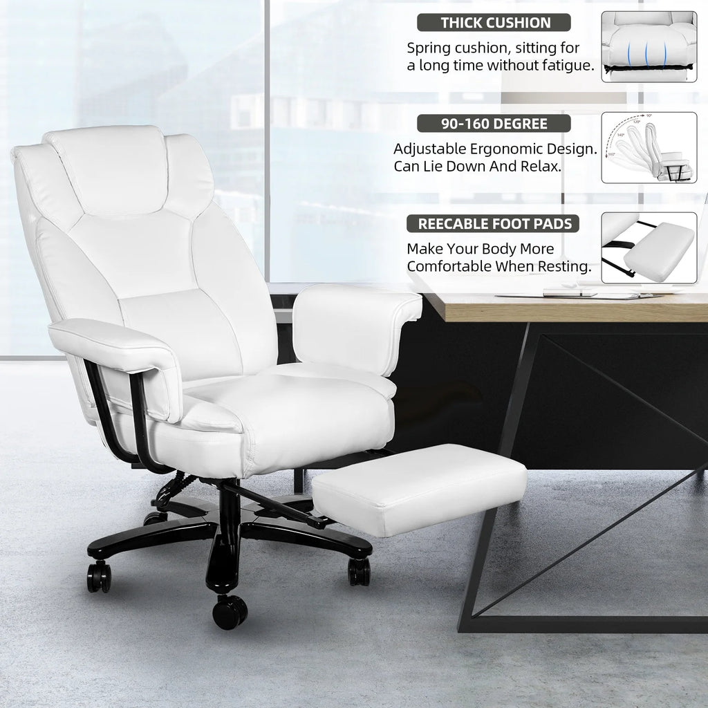 White Ergonomic PU Leather Reclining Office Chair with Footrest B4469