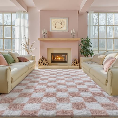 Beige and White Checkered Shag Rug 8x10 S33412