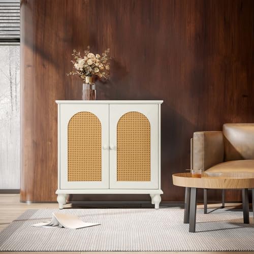 White Rattan Storage Cabinet with Adjustable Shelves H801903