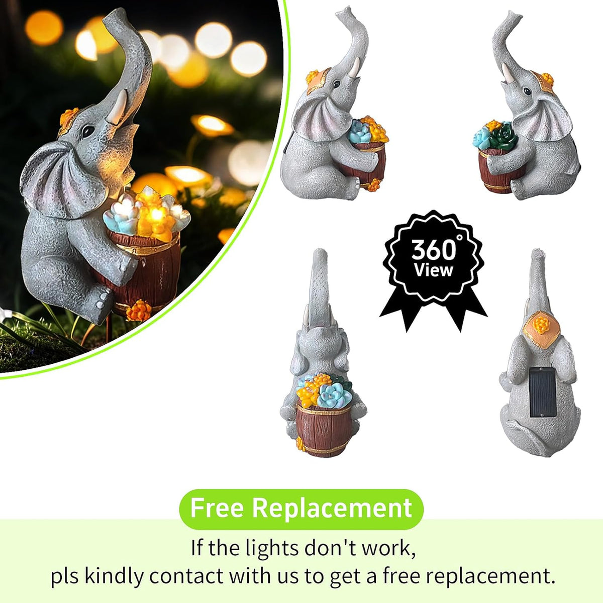 Solar Garden Elephant Statue Lights I6513