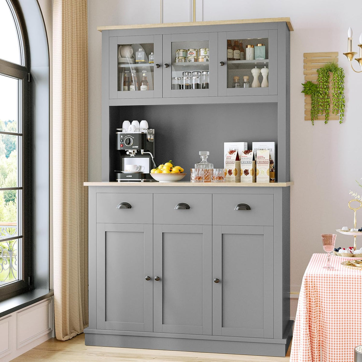 Grey Kitchen Hutch Storage Cabinet with Countertop and Drawers B221433