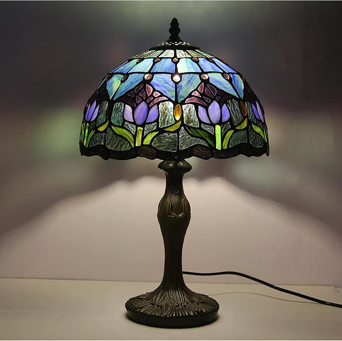 Purple Tulip Stained Glass Table Lamp 12 Inches Q150