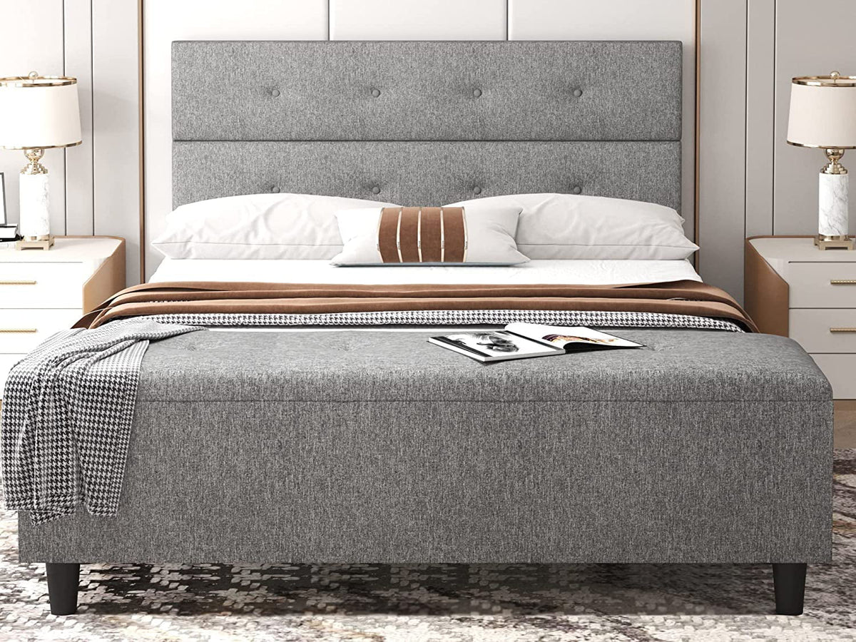 Gray Queen Platform Bed Frame with Storage Ottoman Bench & Headboard R457178
