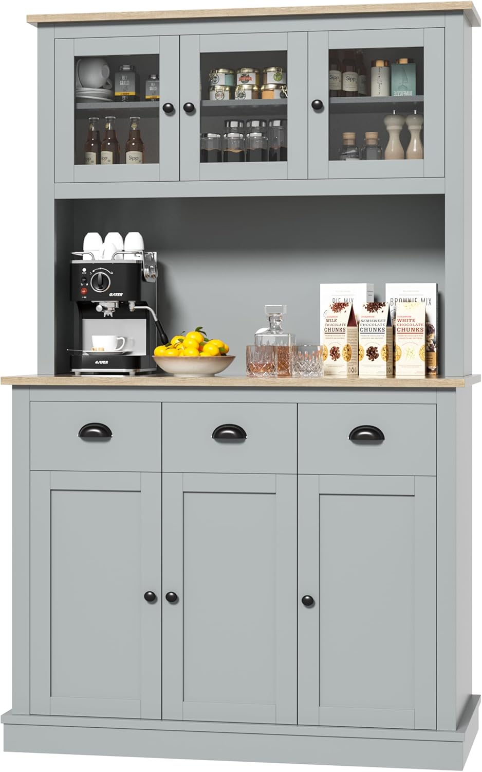 Grey Kitchen Hutch Storage Cabinet with Countertop and Drawers B221433