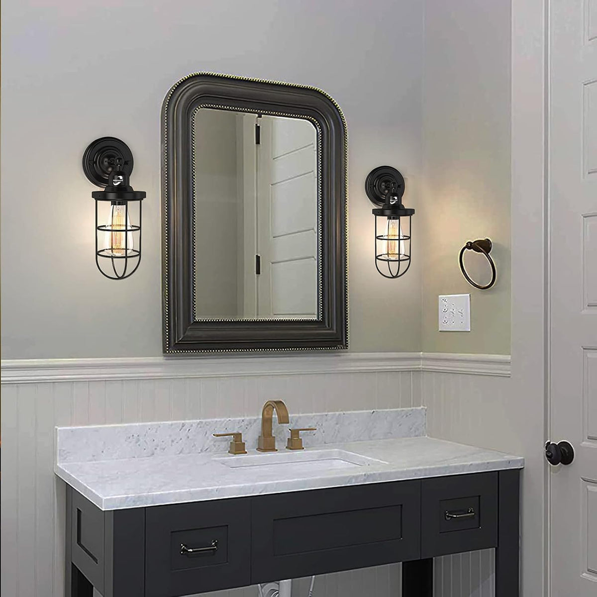 Plug in Wall Sconces Set of 2 Black Wire Cage Wall Light Fixtures A60874