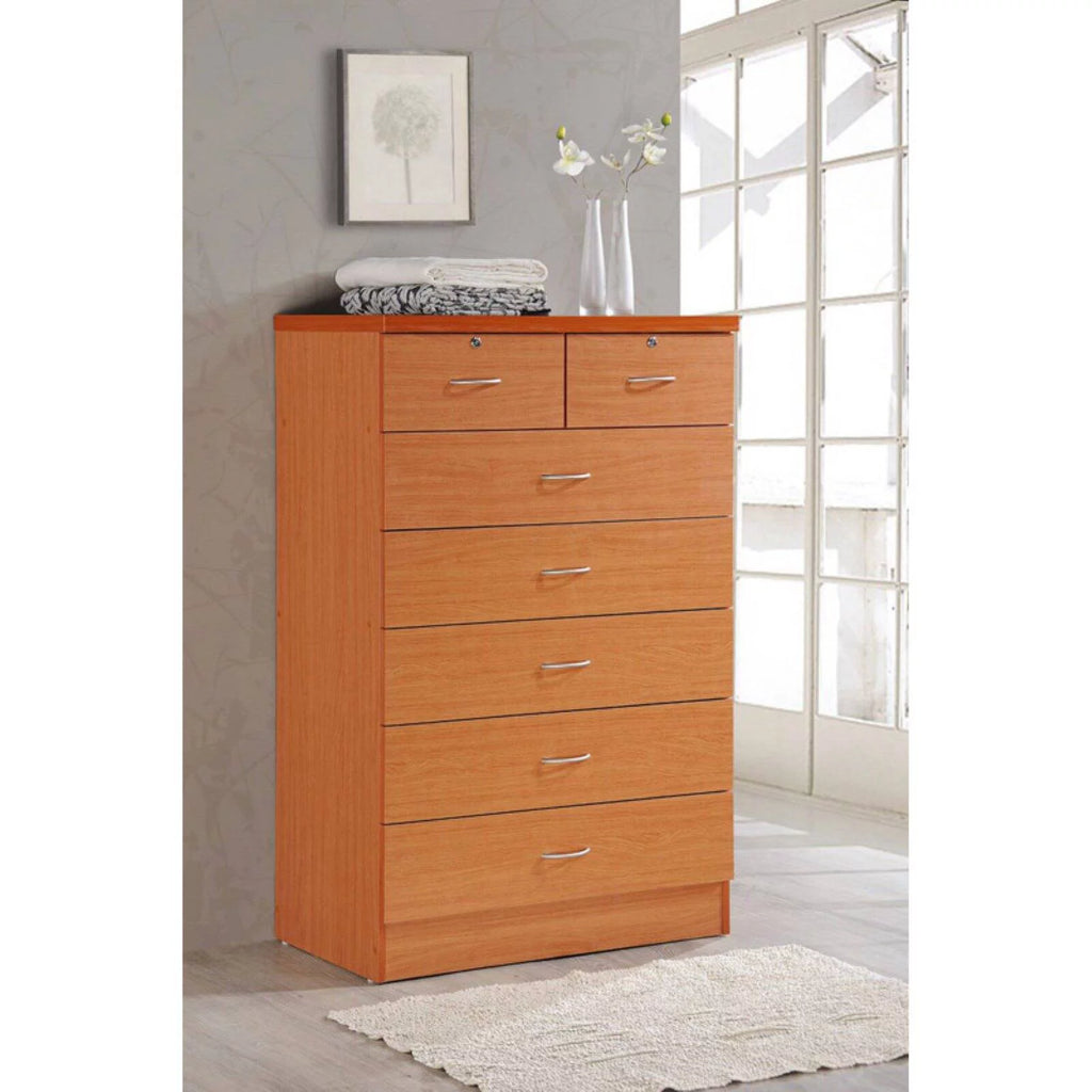 7 Drawer Wooden Dresser Chest with 2 Top Locks, Cherry P2044