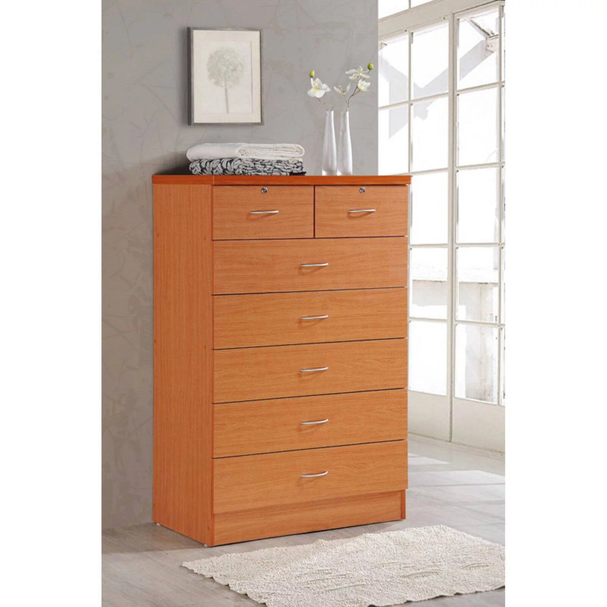 7 Drawer Wooden Dresser Chest with 2 Top Locks, Cherry P2044