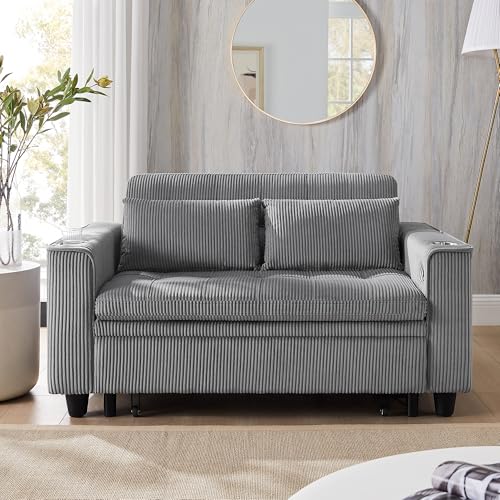 Light Grey Corduroy 3 in 1 Convertible Sleeper Sofa Bed S168