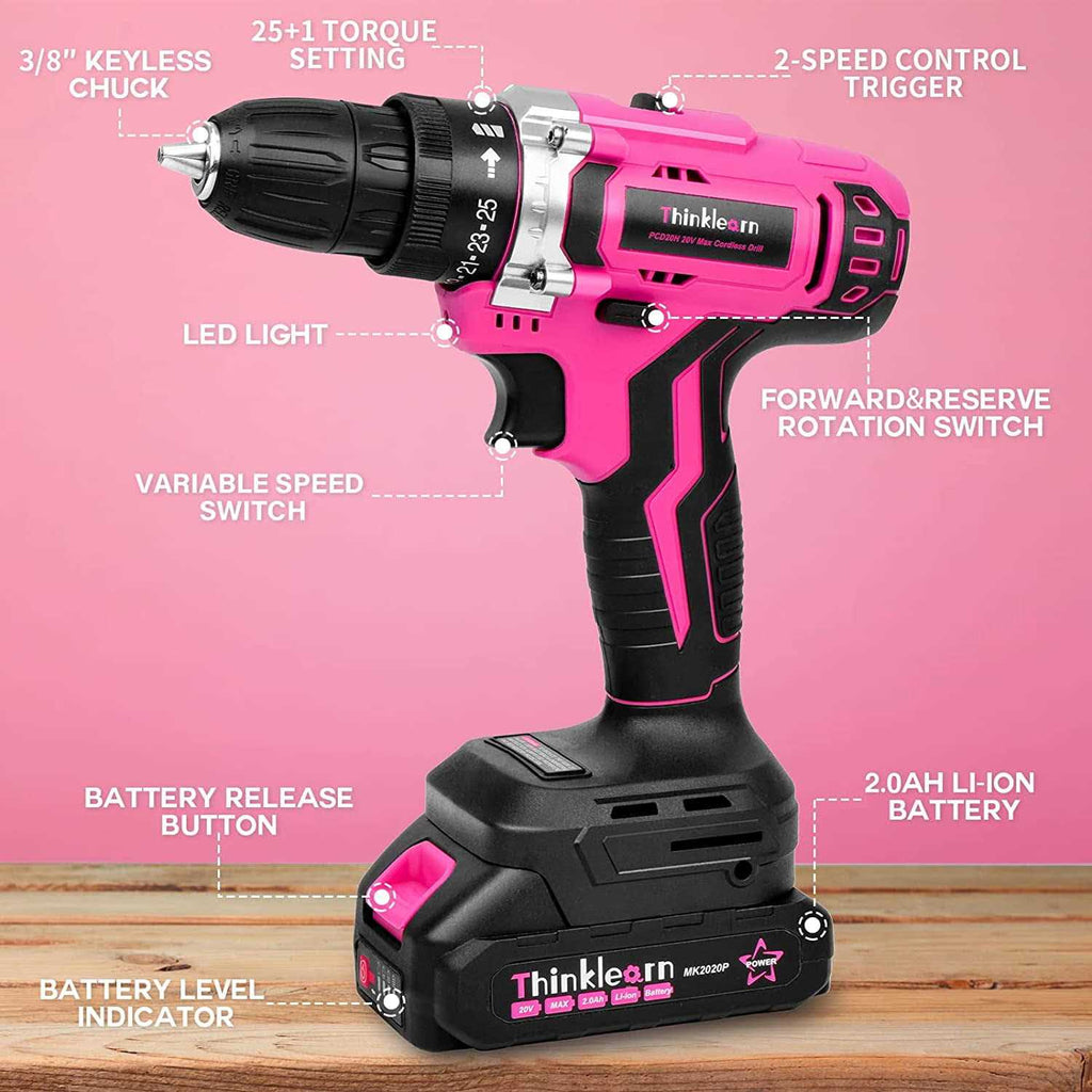 Pink Cordless Drill Set 20V Lithium-ion Power Drill Set with 67Pcs Drill Driver Bits L2088
