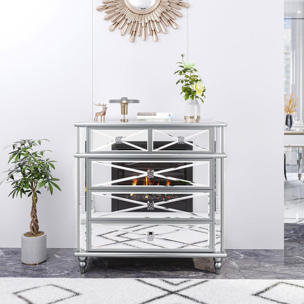 Silver Mirrored 5 Drawer Dresser with Wood Legs N8226