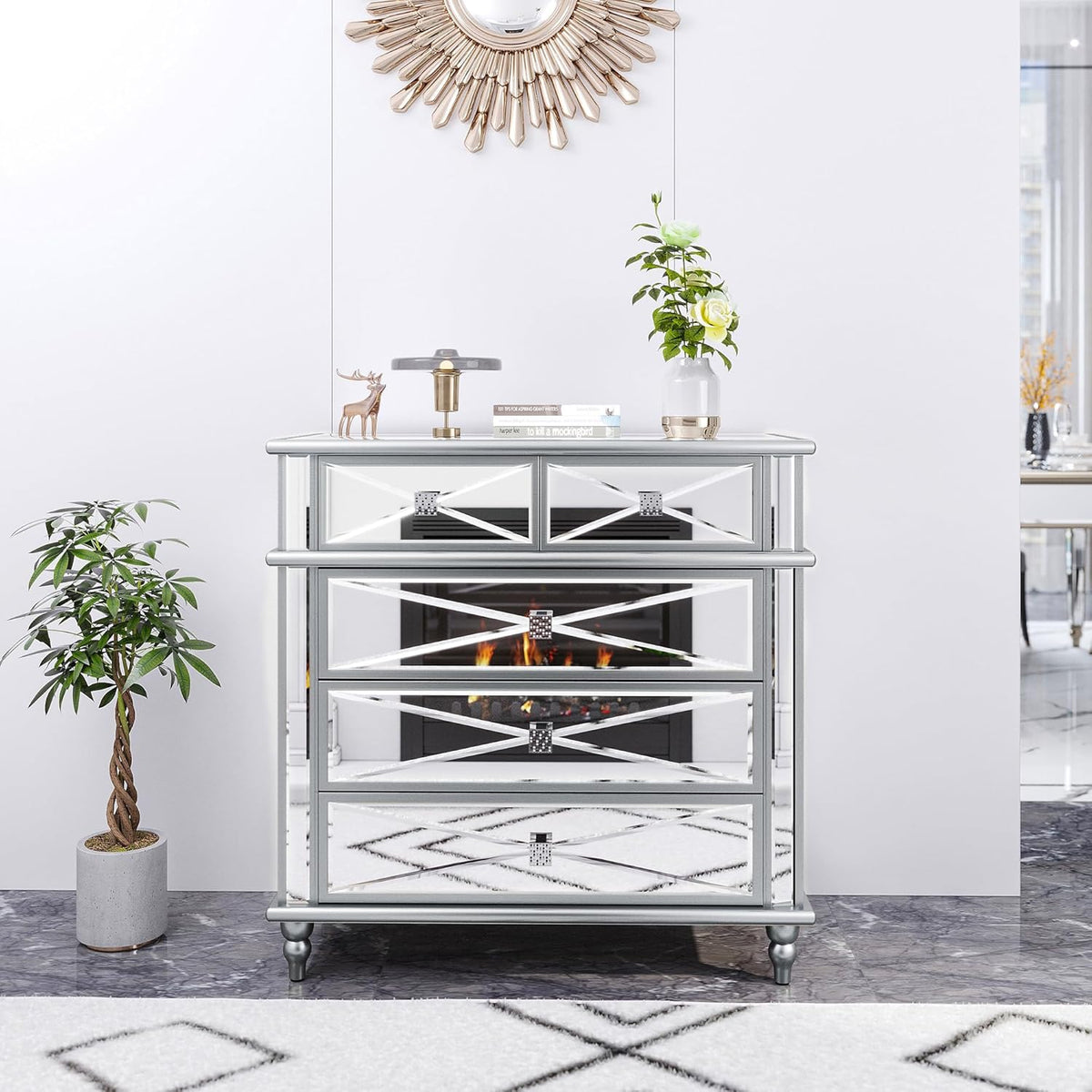 Silver Mirrored 5 Drawer Dresser with Wood Legs N8226