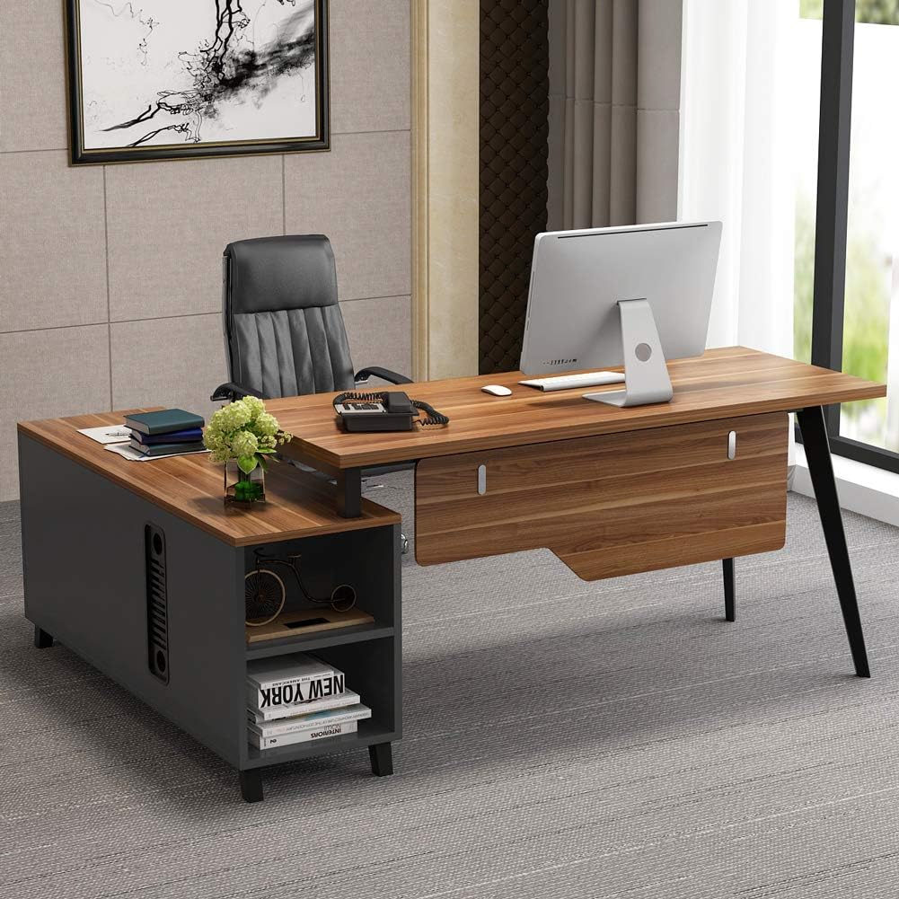 L-Shaped Desk with Storage Shelves and File Cabinet Y868128