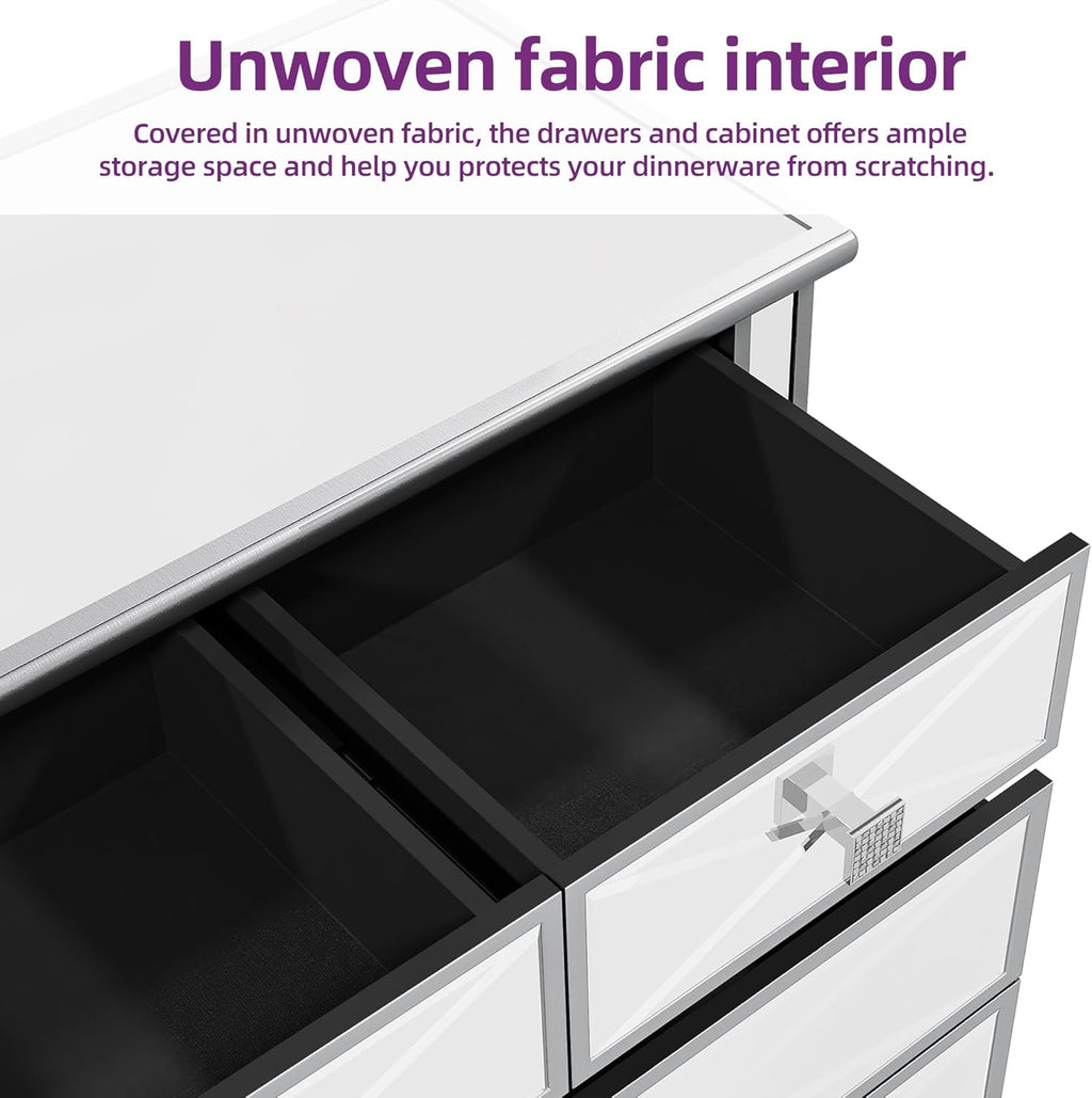 Silver Mirrored 5 Drawer Dresser with Wood Legs N8226