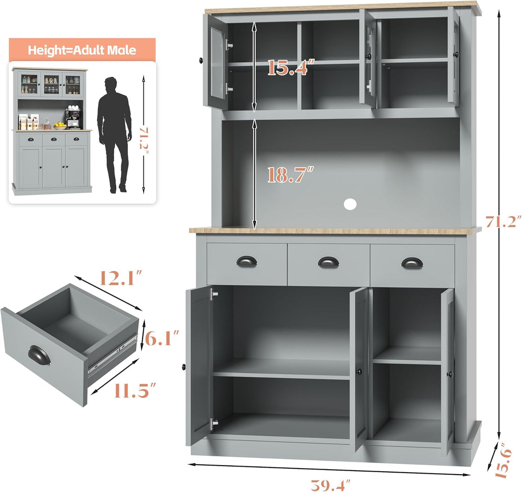 Grey Kitchen Hutch Storage Cabinet with Countertop and Drawers B221433