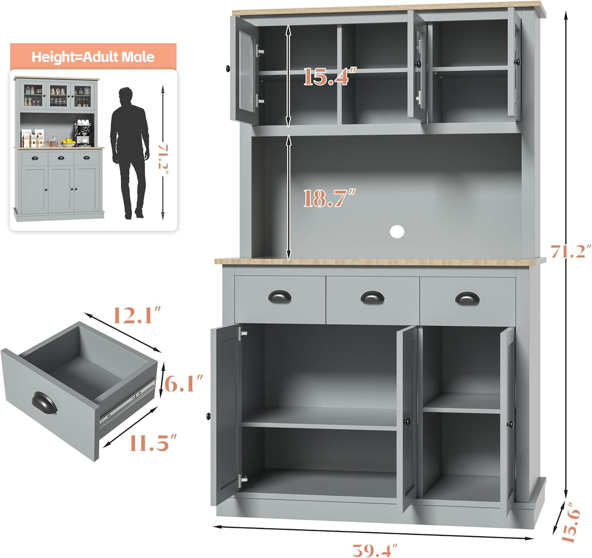 Grey Kitchen Hutch Storage Cabinet with Countertop and Drawers B221433