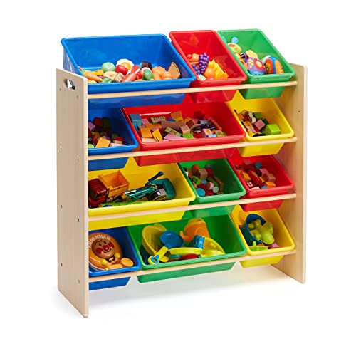 White Wood Kids Toy Storage Organizer with 12 Plastic Pink Bins H3470