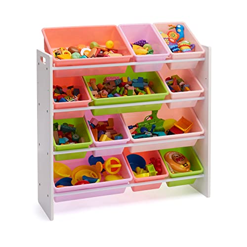White Wood Kids Toy Storage Organizer with 12 Plastic Pink Bins H3470