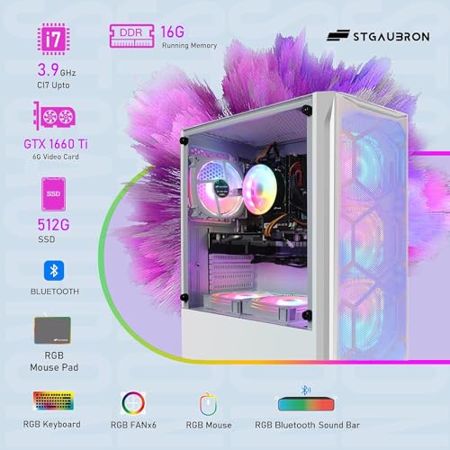 Gaming PC Desktop Computer, Intel Core I7 up to 3.9 GHz, Radeon RX 580 8G, 16G RAM, 512G SSD, WiFi, Bluetooth 5.0, RGB Fan x6, RGB BT Sound Bar, Windows 10 Home F41026
