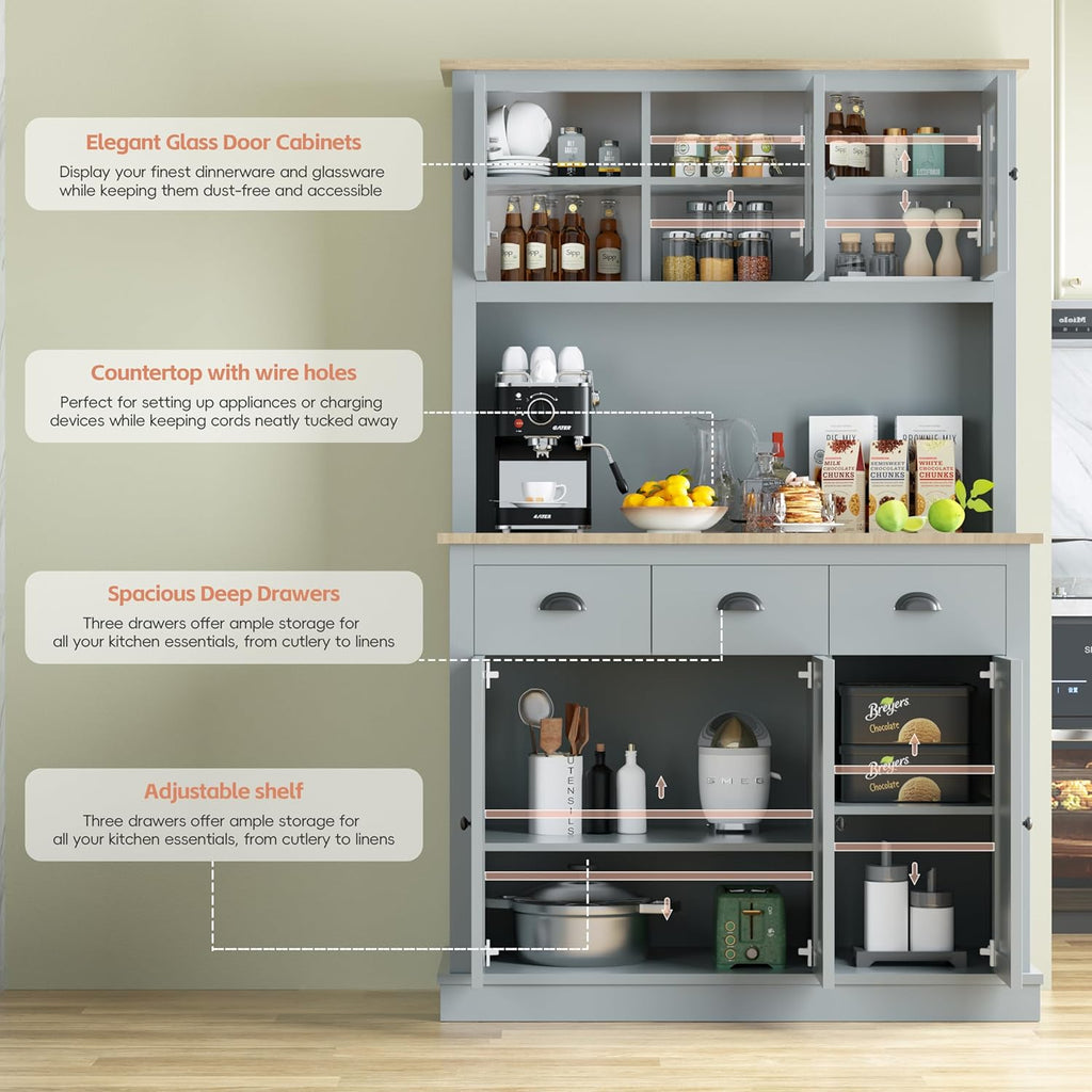 Grey Kitchen Hutch Storage Cabinet with Countertop and Drawers B221433